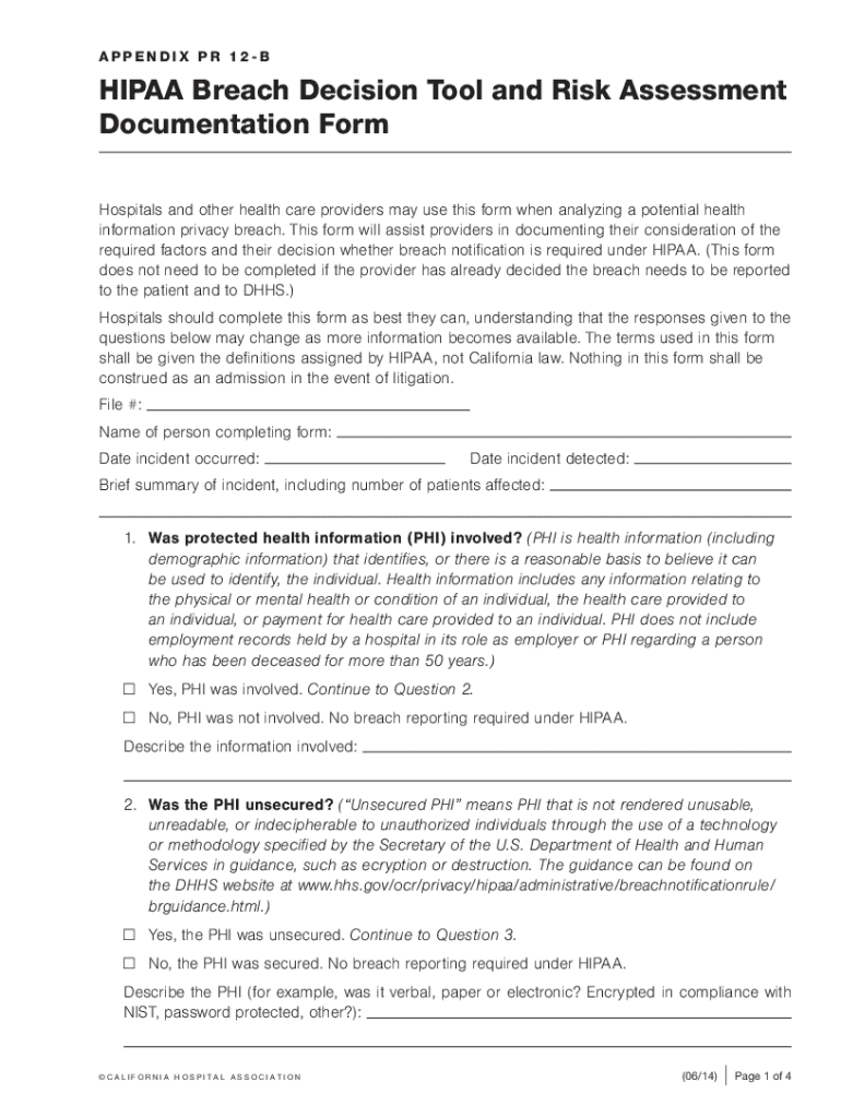 HIPAA Breach Decision Tool and Risk Assessment Documentation Preview on Page 1