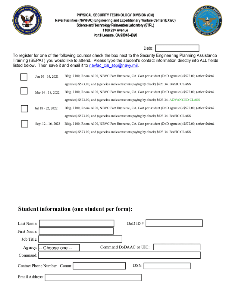 Registration Form for Security Engineering Planning Assistance Training (SEPAT) Security Engineering Preview on Page 1