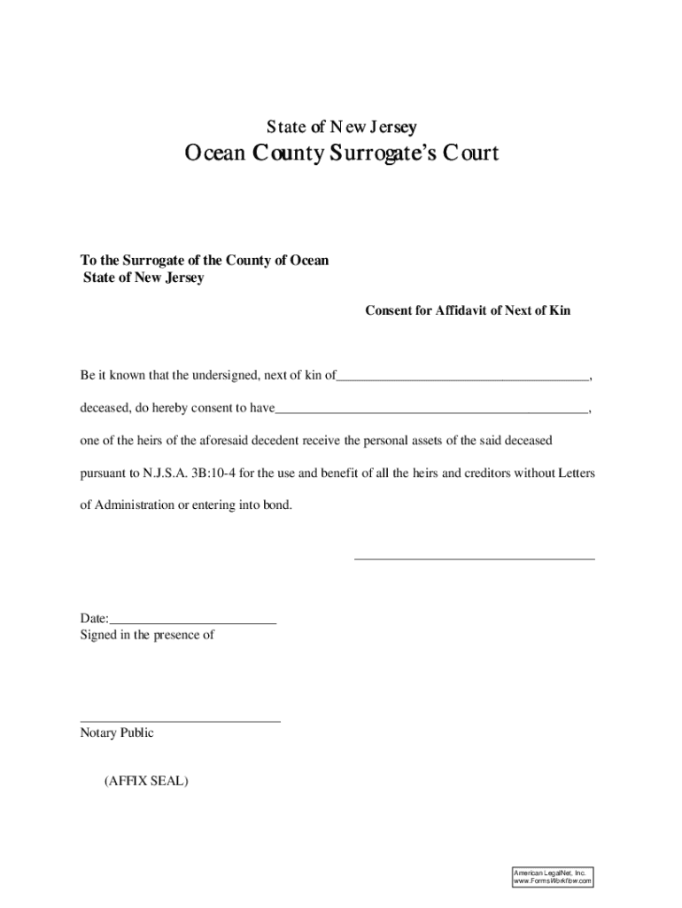 Fillable Online Consent for Affidavit of Next of Kin - Monmouth County ...
