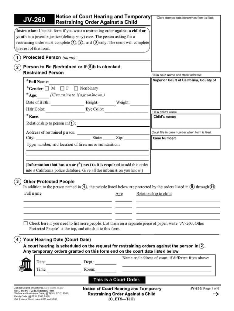 JV-260 Notice of Court Hearing and Temporary Restraining Order Against a Child Judicial Council form Preview on Page 1