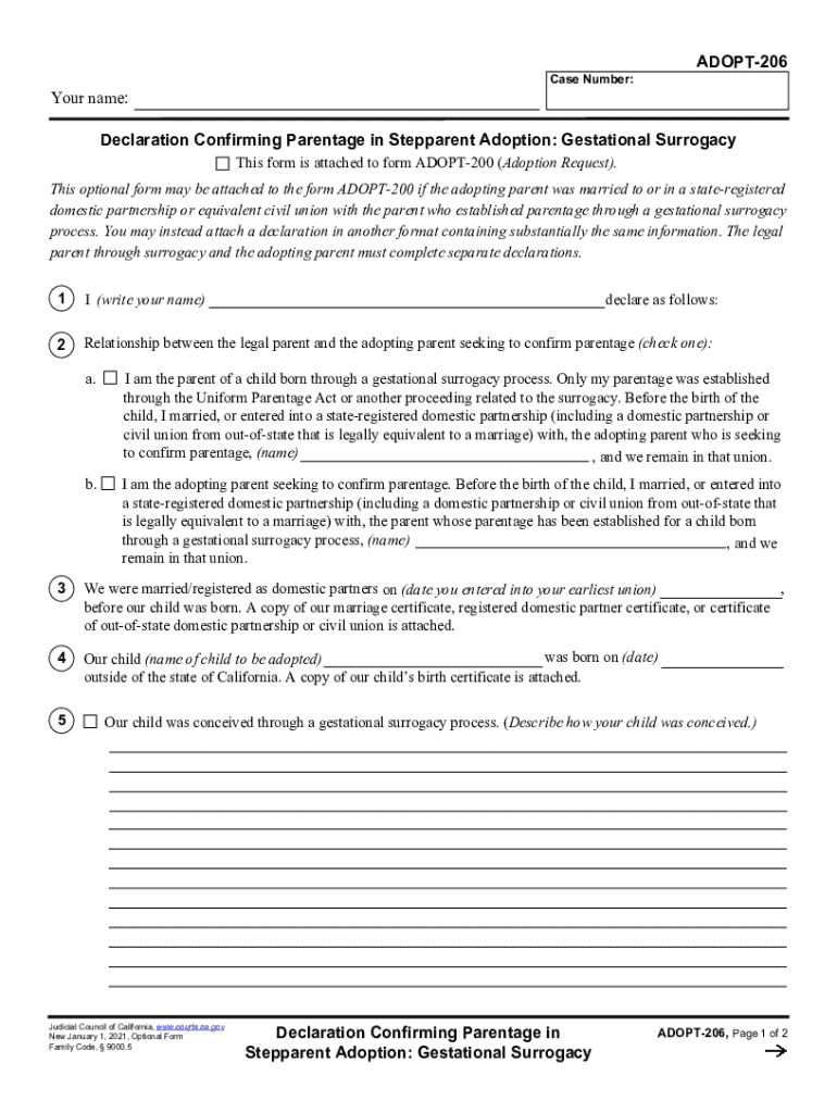 ADOPT-206 Declaration Confirming Parentage in Stepparent Adoption Judicial Council forms Preview on Page 1