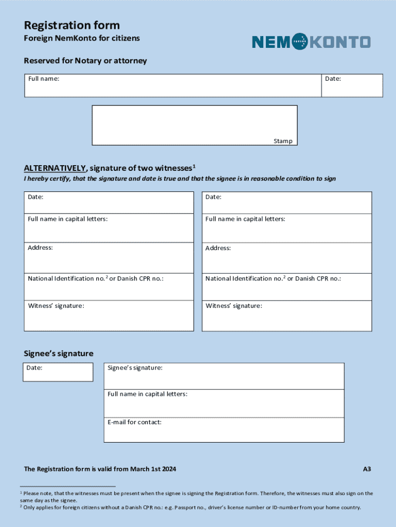 Get DK Foreign NemKonto For Citizens Registration Form Preview on Page 1