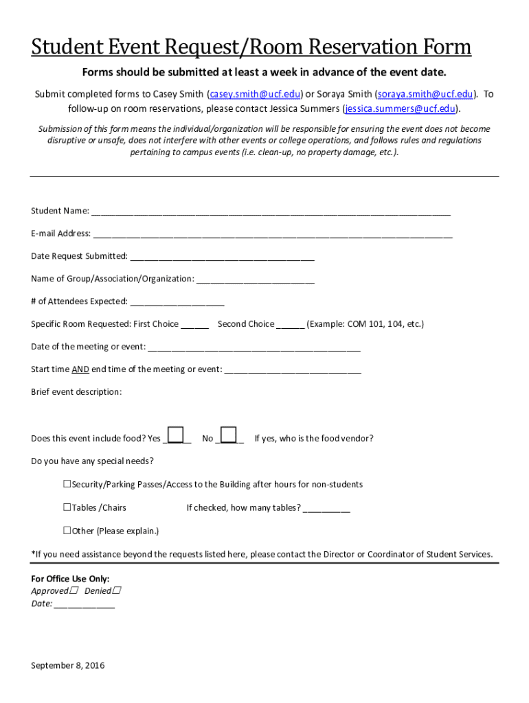 Fillable Online Student Event Request/Room Reservation Form Fax Email ...
