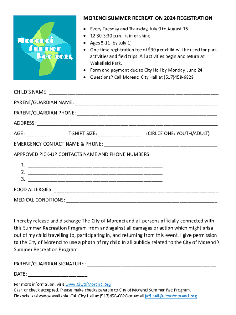 Fillable Online Pre-Register Today for 2024 Summer Recreation Program ...