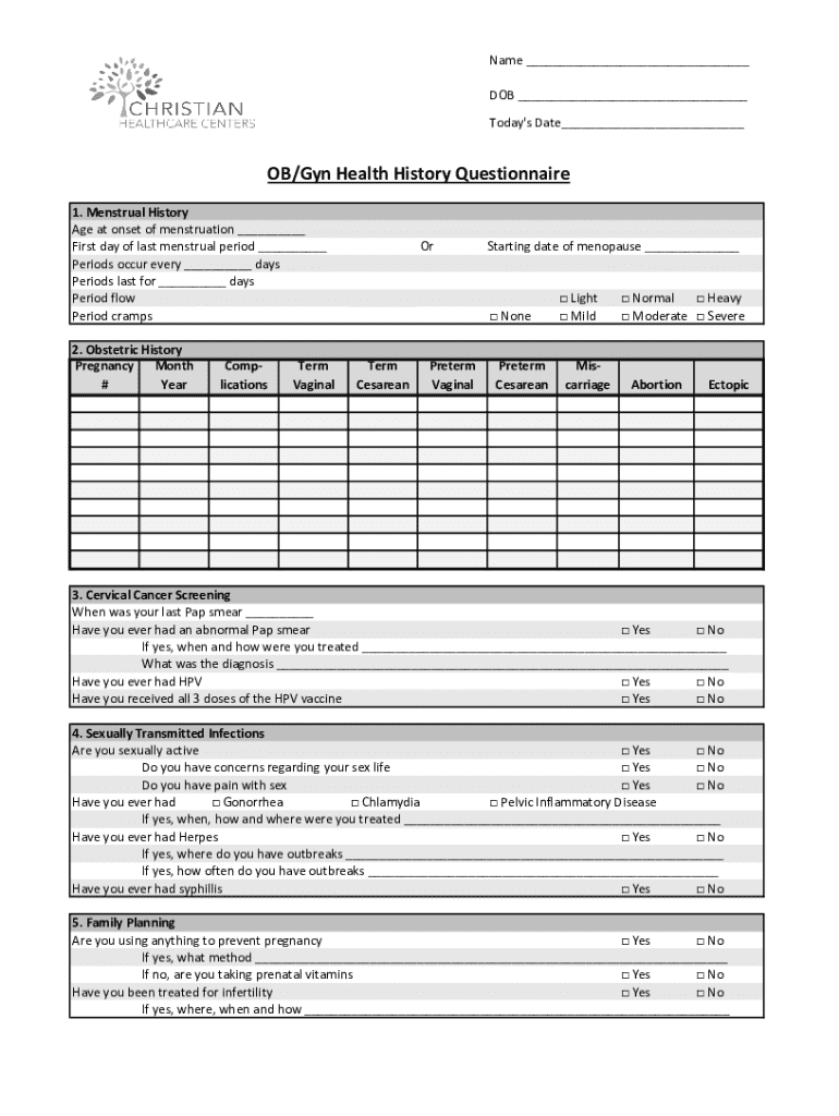 Fillable Online OB/Gyn Health History Questionnaire Fax Email Print ...