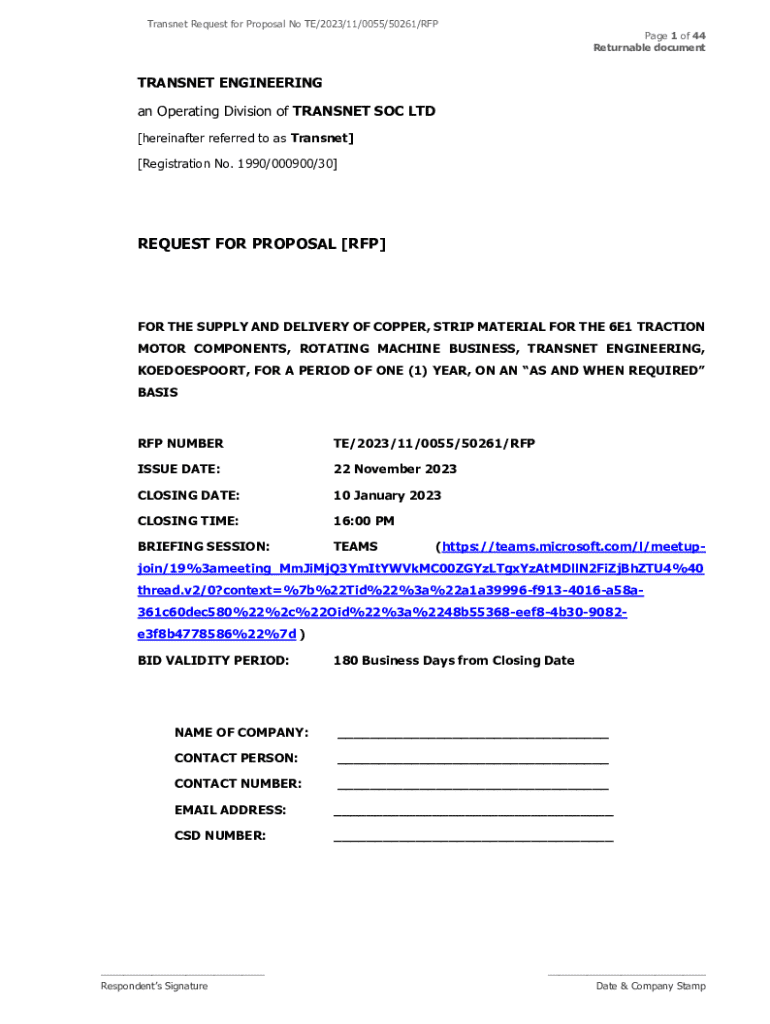 Fillable Online Transnet Request for Proposal No TE/2023/11/0055/50261 ...