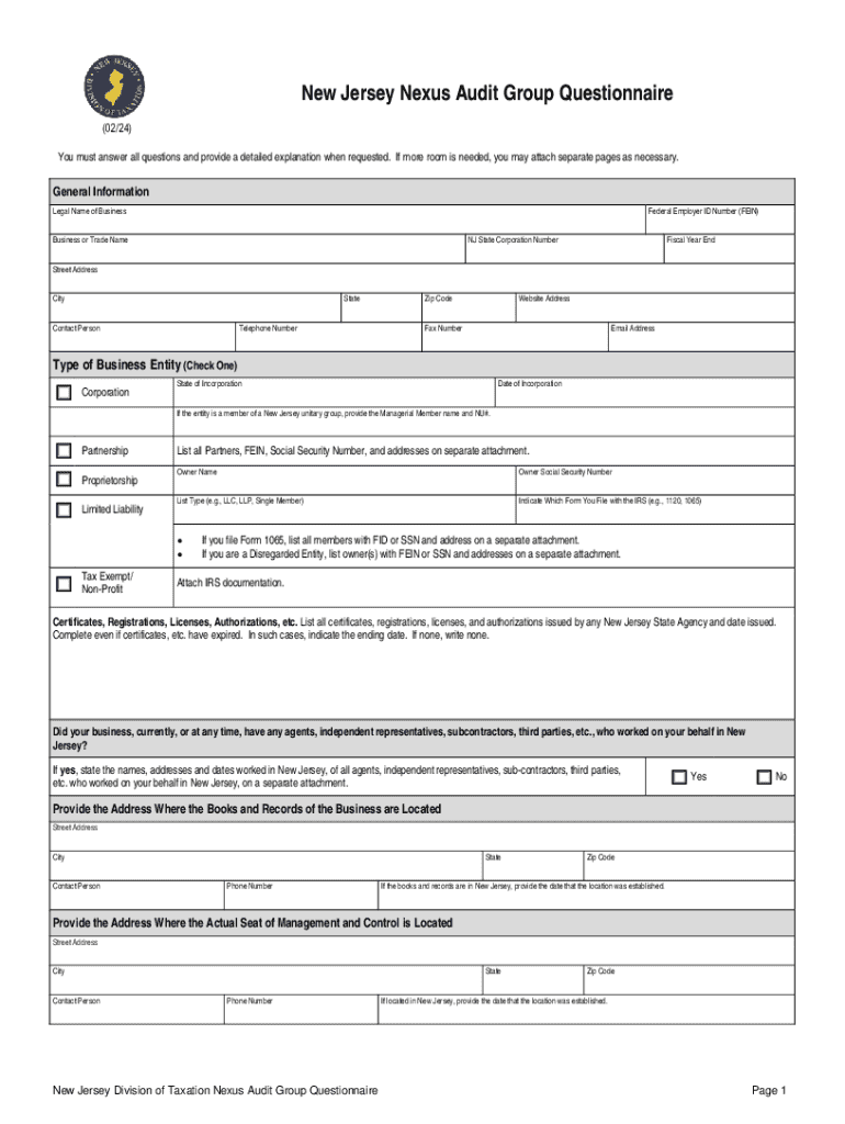 2023 Form NJ DoT Nexus Questionnaire Fill Online, Printable Preview on Page 1