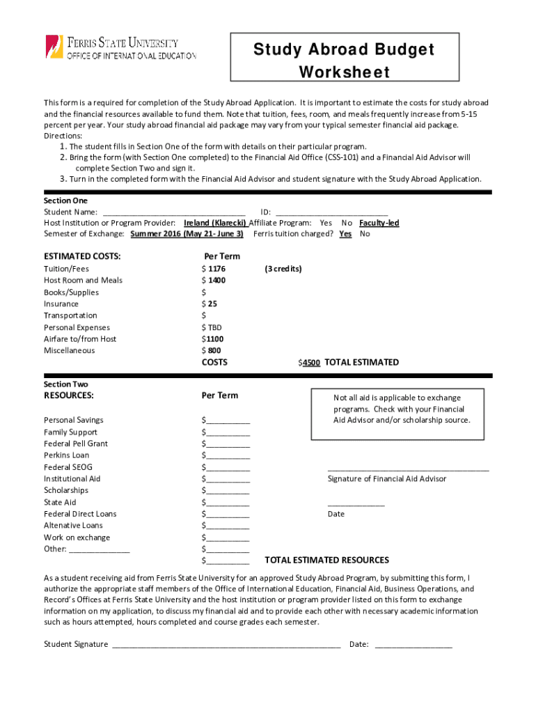 Fillable online uf study abroad budget worksheet fax email print