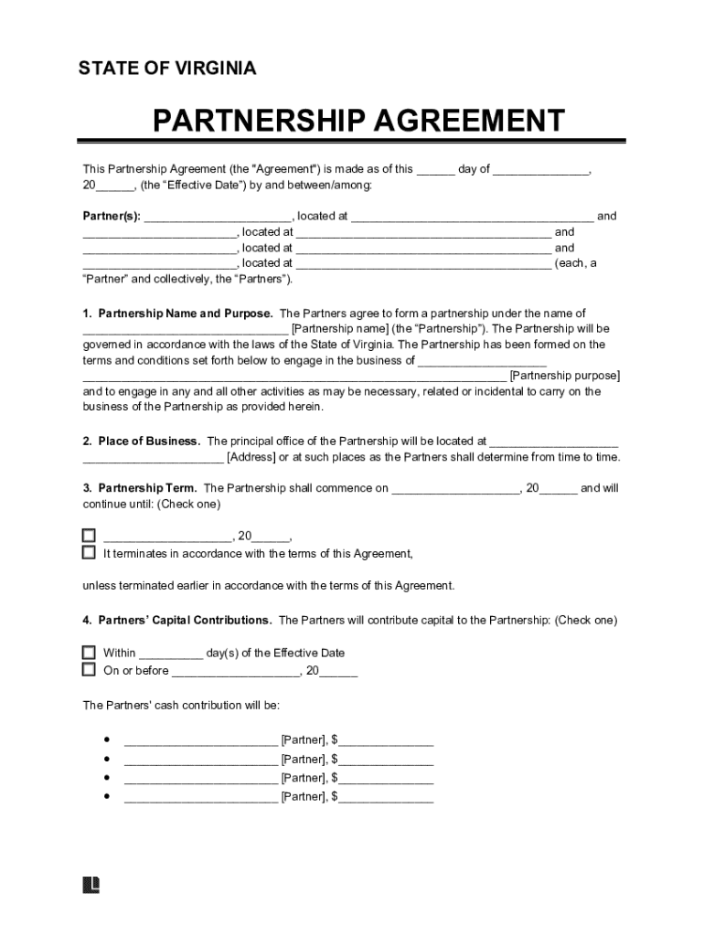 Virginia Partnership Agreement Template LegalTemplates Preview on Page 1