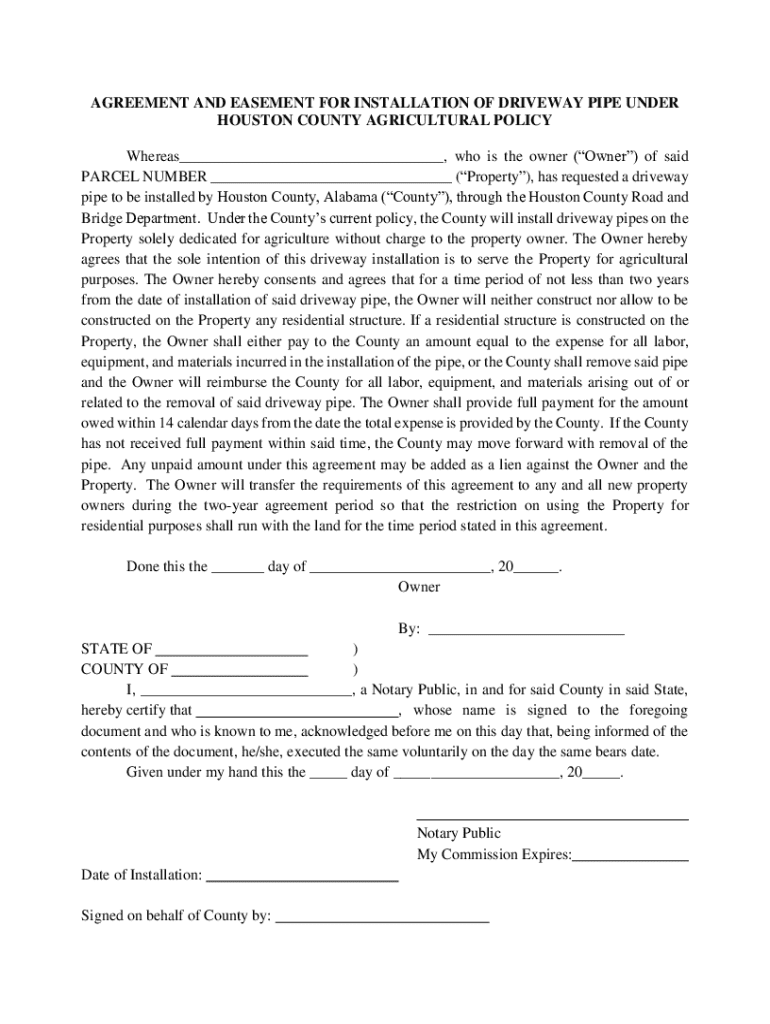 Fillable Online agreement and easement for installation of driveway ...