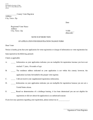 Notice of rejection of application