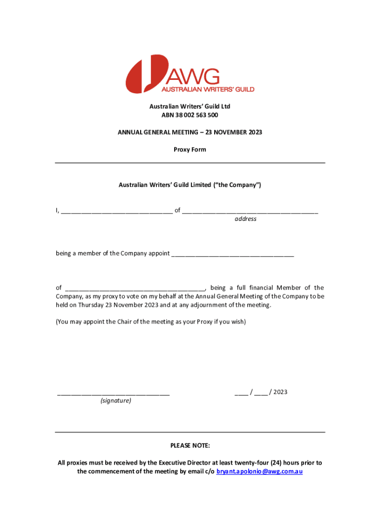 Fillable Online Proxy Form for Australian Writers’ Guild Annual General ...