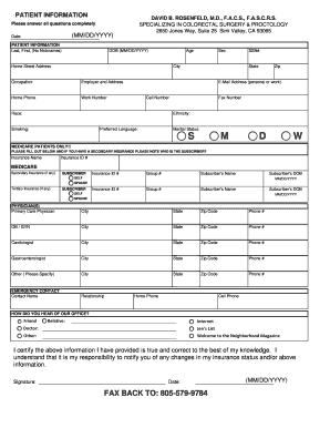 Patient Information Form for Colorectal Surgery