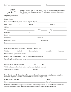 Berry Family Chiropractic Patient Intake Form