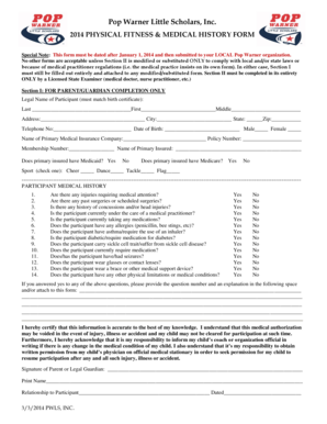 Pop Warner Physical Fitness & Medical History Form