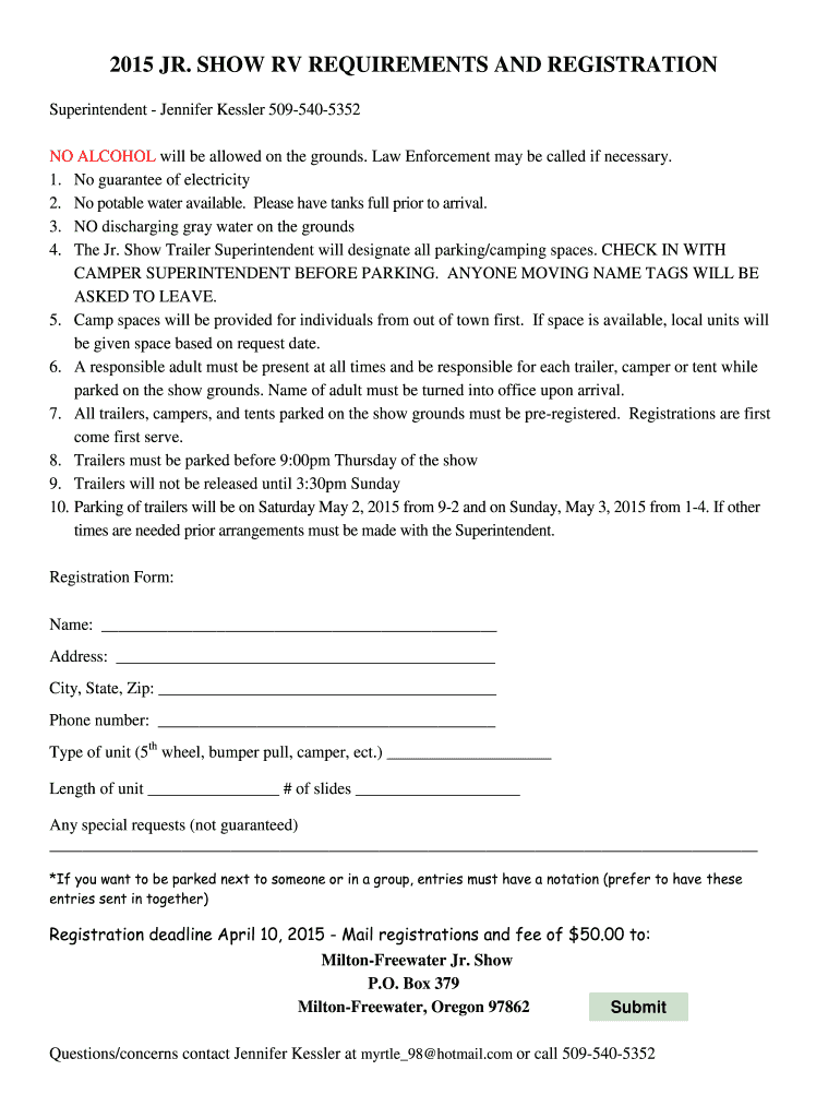 Fillable Online 2015 jr. show rv requirements and registration MiltonFreewater Jr Fax