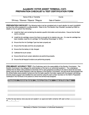 Voter Terminal Preparation Checklist and Test Certification Form