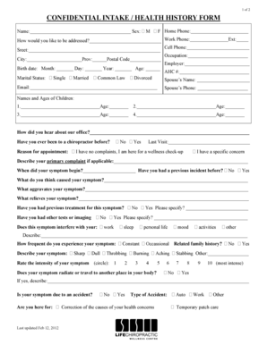 Confidential Intake Health History Form