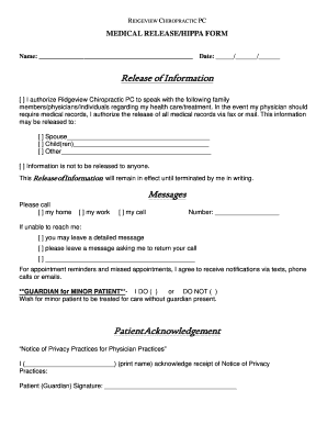 Ridgeview Chiropractic Medical Release and Insurance Form