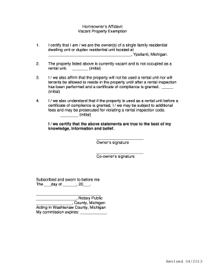 Homeowner Vacant Property Exemption Affidavit