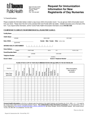 Toronto Child Care Immunization Request Form