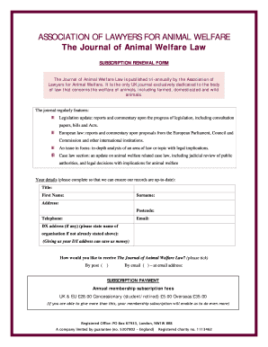 Journal of Animal Welfare Law Subscription Renewal Form