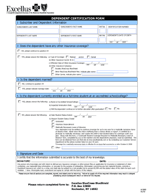 BlueCross BlueShield Dependent Certification Form