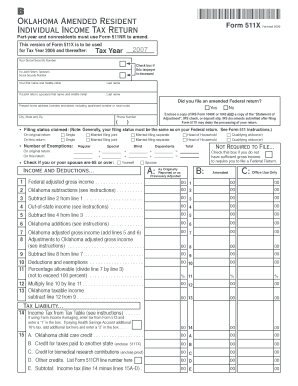 Oklahoma Amended Resident Individual Income Tax Return Form 511X