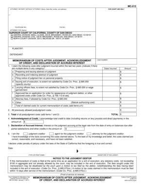 California Memorandum of Costs After Judgment
