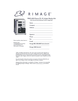 Rimage 2000i Media Kit Promotion Rebate Form