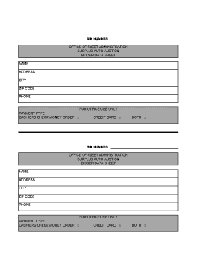 Surplus Auto Auction Bidder Data Sheet