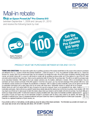 Epson PowerLite Pro Cinema 810 Mail-in Rebate Form