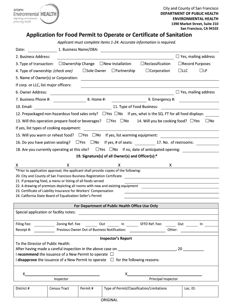 Fillable Online businessportal sfgov Application for Food Permit to Operate or Certificate of