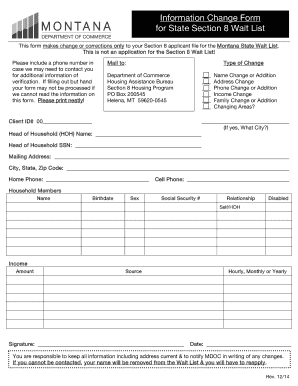 Information Change Form for Montana Section 8 Wait List