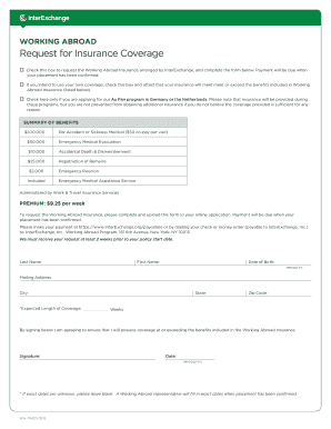 Working Abroad Insurance Request Form
