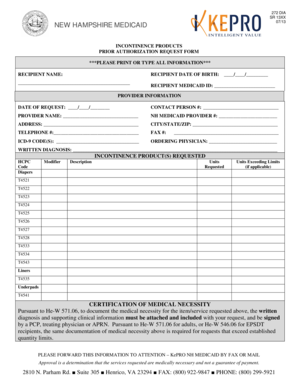 New Hampshire Medicaid Incontinence Products Prior Authorization Request Form