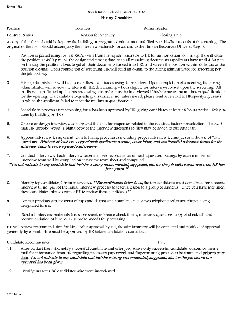 Fillable Online skitsap Hiring Check List Form 19A South