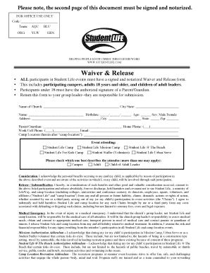 Student Life Waiver and Release Form