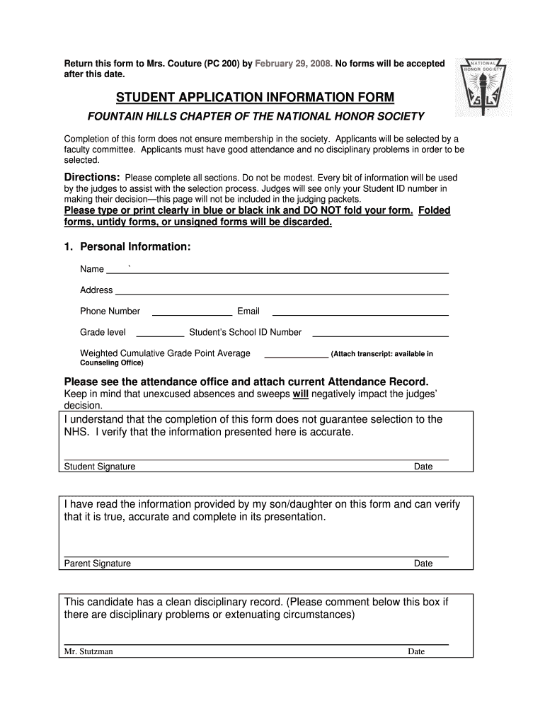 Fillable Online hs fountainhillsschools Student application information