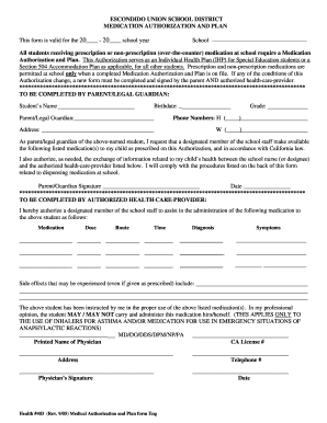 Escondido Union School District Medication Authorization