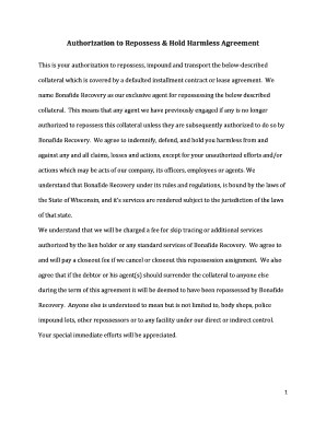 Authorization to Repossess & Hold Harmless Agreement