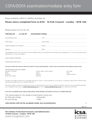 COFA/DOFA Examination Entry Form