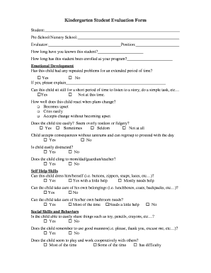 Kindergarten Student Evaluation Form - SchoolSpeak