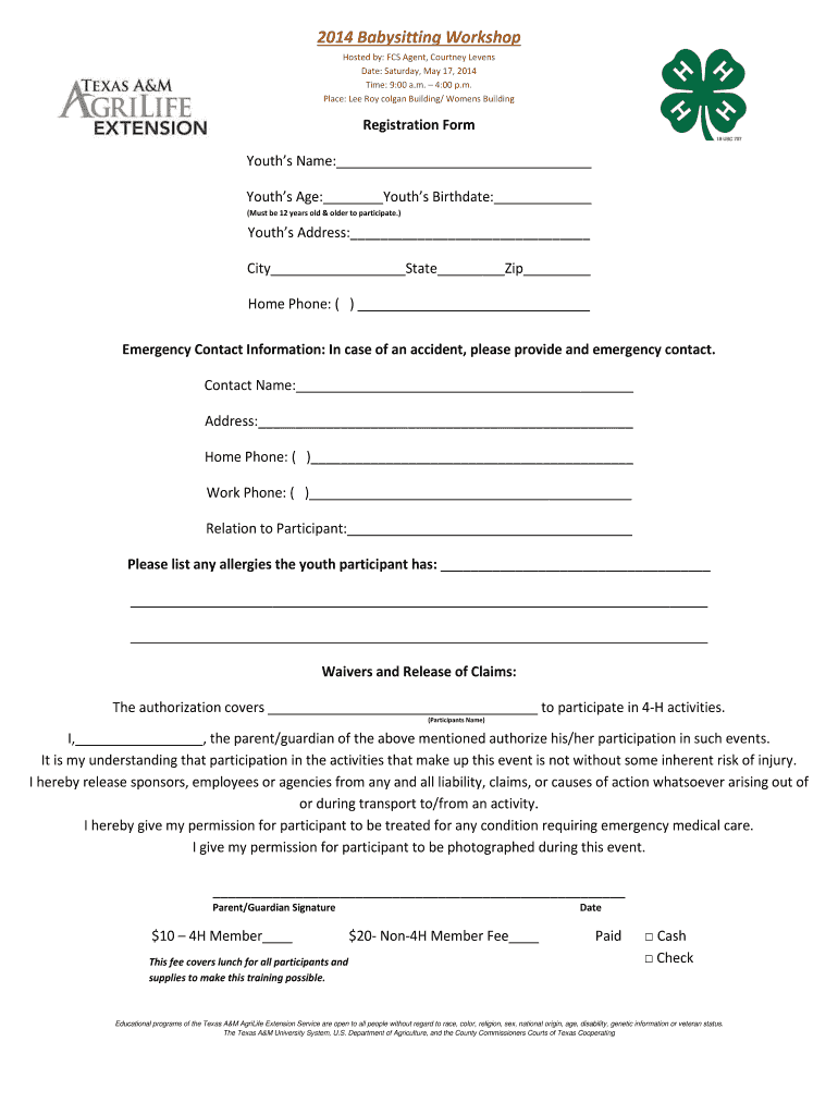 Fillable Online dawson agrilife B2014b Babysitting Dawson