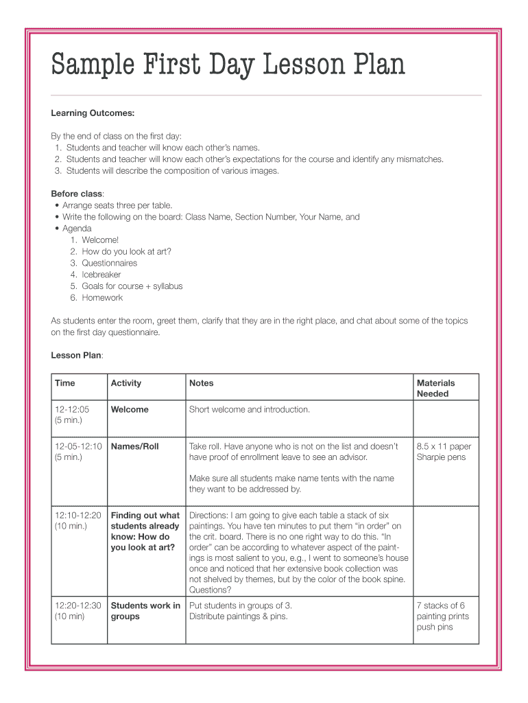 Fillable Online Sample First Day Lesson Plan Fax Email Print PdfFiller