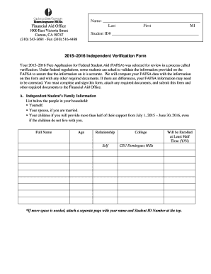 2015–2016 Independent Verification Form