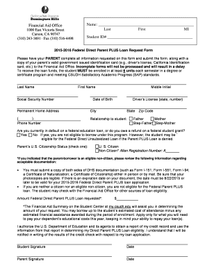 2015-2016 Federal Direct Parent PLUS Loan Request Form