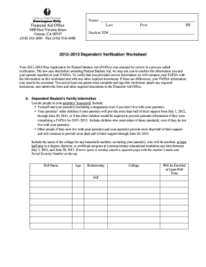 2012–2013 Dependent Verification Worksheet