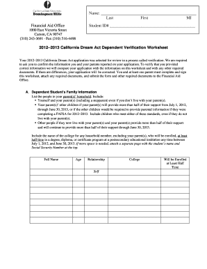 2012–2013 California Dream Act Dependent Verification Worksheet