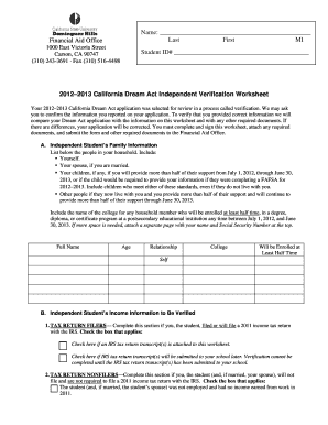 2012–2013 California Dream Act Independent Verification Worksheet